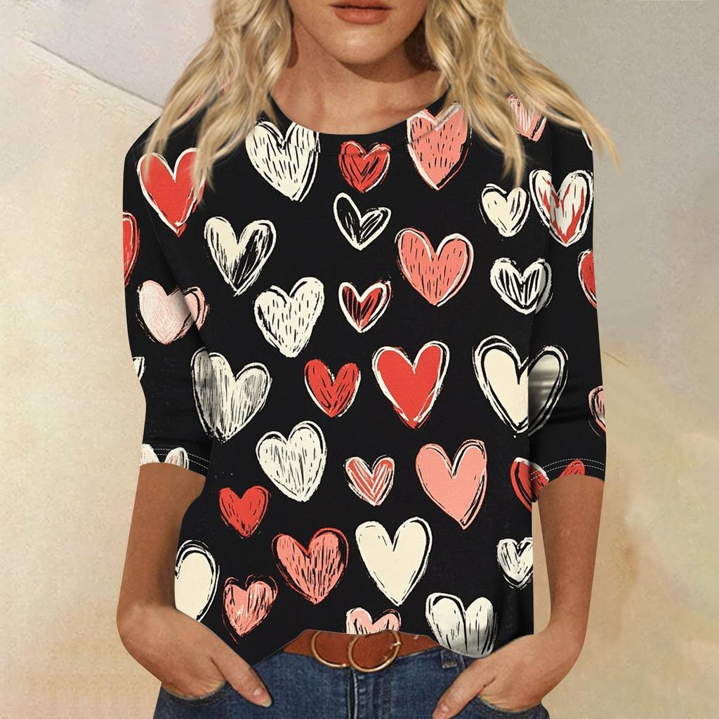 Top cu mâneci 3/4 Tricou de damă Casual Imprimat de Ziua Îndrăgostiților Tricou cu gât rotund Jumper