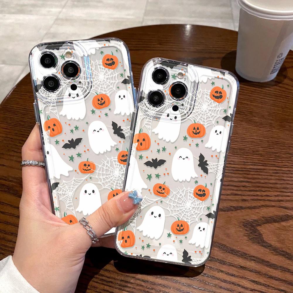 Halloween Pumpkin Ghost Bat Pattern Transparent Soft Phone Case For iPhone 17 Pro 13 11 12 14 15 16 Pro Max XR 17 Air SE Cover