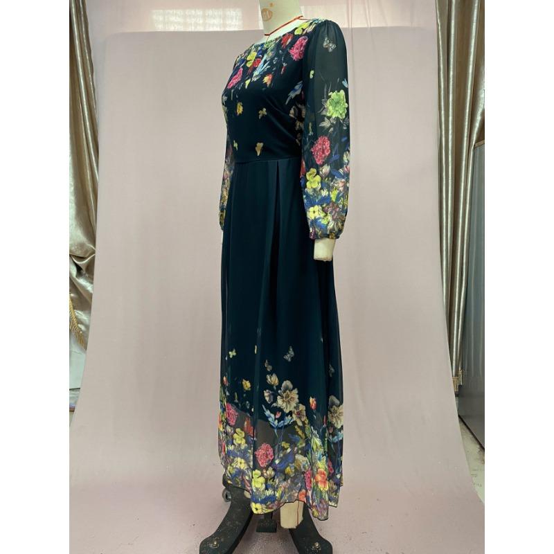 Women's Summer Printed Sexy Hollow Slim Long Sleeve Big Swing Long Dresses