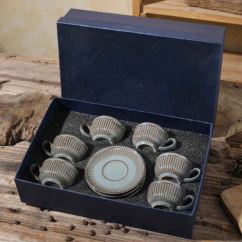 90CC Retro Espresso Cup 6 Cup 6 Plate Set Ceramic  Plate Coffee Shop Afternoon Tea Cup Gift Box Wholesale