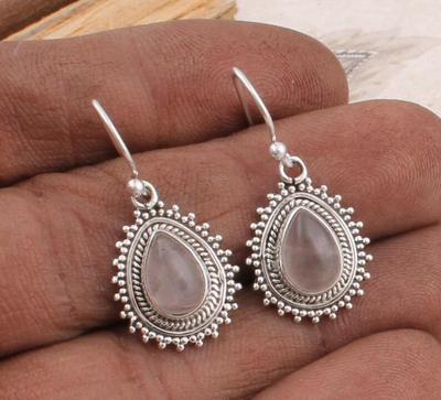 Boucles d'oreilles Statement en Argent Sterling Massif 925 avec Pierre Précieuse Quartz Rose en Forme de Poire, Design Bohème Fait Main pour Femme, Cadeau