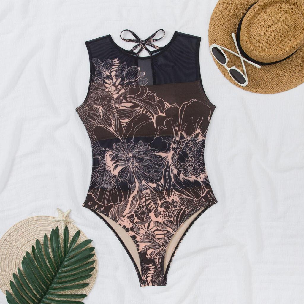 Dámské vícebarevné síťované jednodílné plavky s dlouhým rukávem a ochranou proti slunci