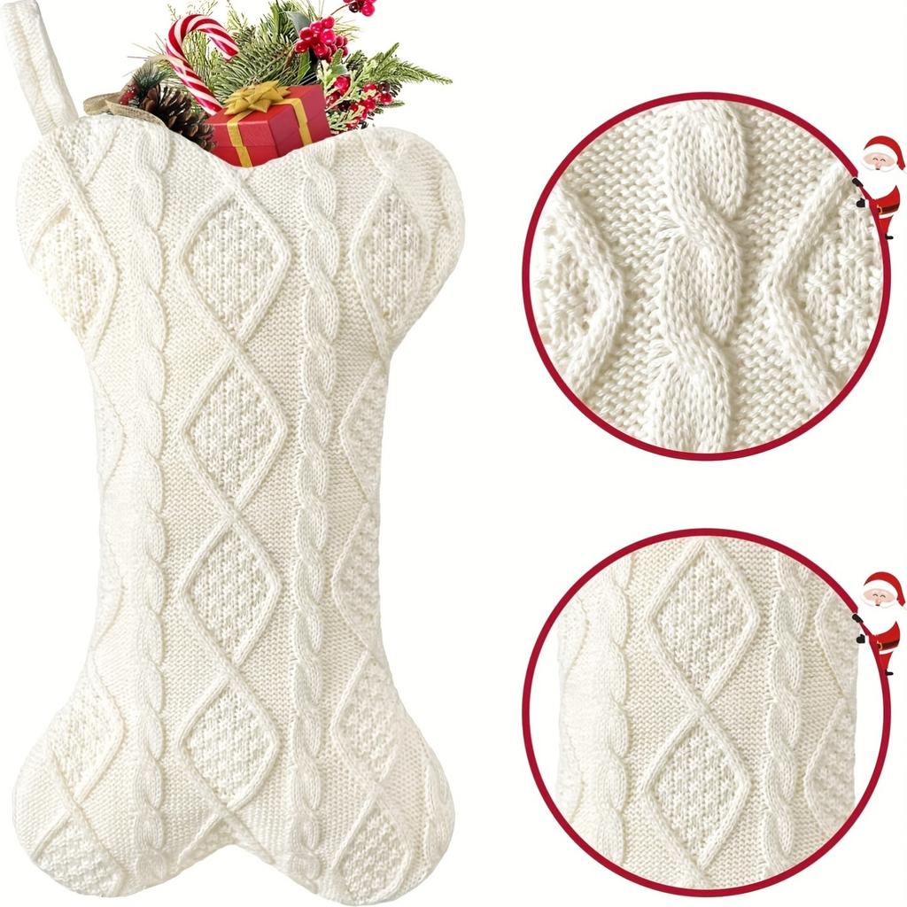 Knit Christmas Stocking, Bone Shape Dog Stocking, Festive Holiday Decor for Home & Kitchen, Christmas Tree Decoration Gift Bag.