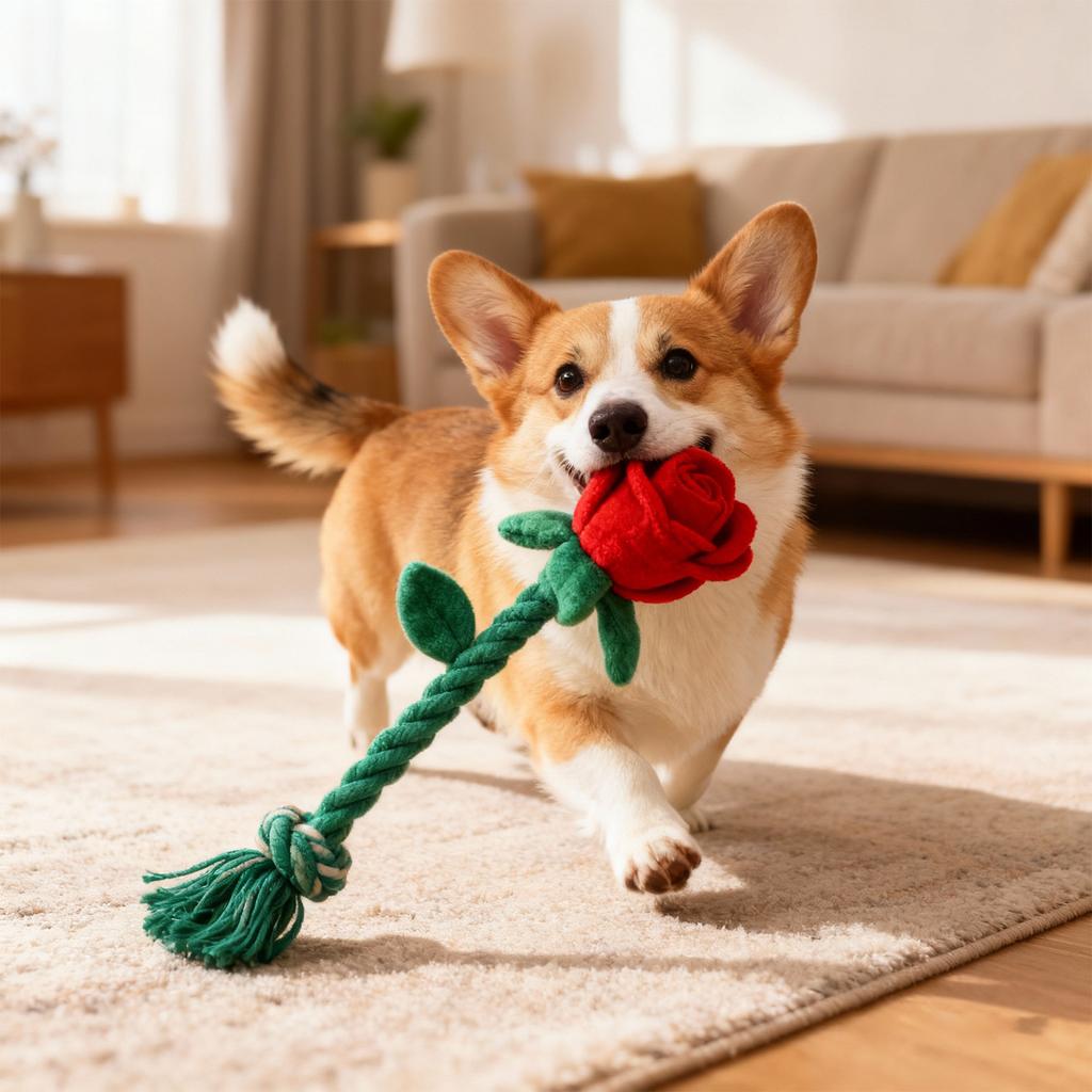Rose Shaped Dog Chew Toy - Plush Cotton Rope Squeaky Toy For Interactive Play, Boredom Relief & Teeth Cleaning