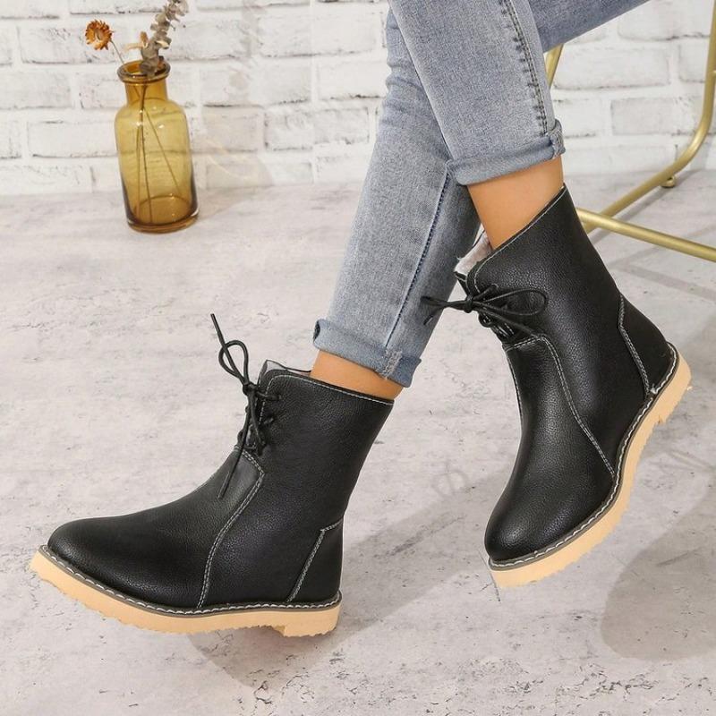 Women New Casual Snow Boots Autumn Winter Retro Women Boots Fashion Plush Lace Up Flat Ankle Boots