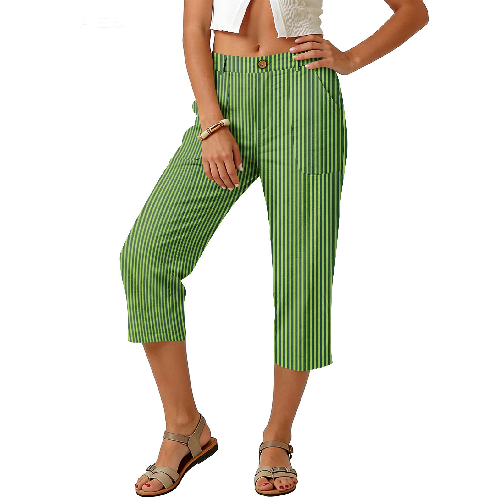 

Women Elastic High Waist 3/4 Pant Casual Fit Wide Capris Leg Pants Trousers With Pockets L армия зеленый
