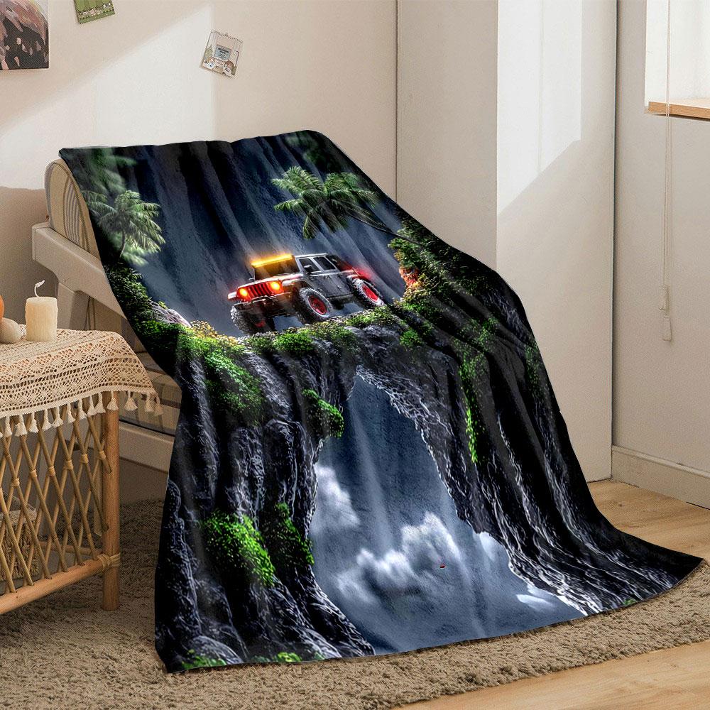 A jeep with glowing lights on a rocky bridge, surrounded by palm trees. for all seasons blanket lunch break throw gift
