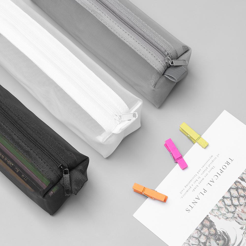 Black/White Simple Transparent Grid Zipper Pencil Case Solid Color Cosmetic Storage Nylon Mesh Pen Bag Stationery Storage Tool