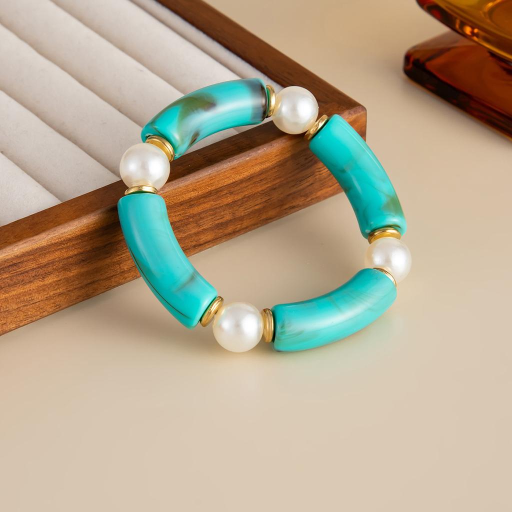 Retro Ethnic Gold Color Bent Pipe Irregular Imitation Turquoise Resin Splicing Elastic Bracelets for Women Bohemia Jewelry Gifts
