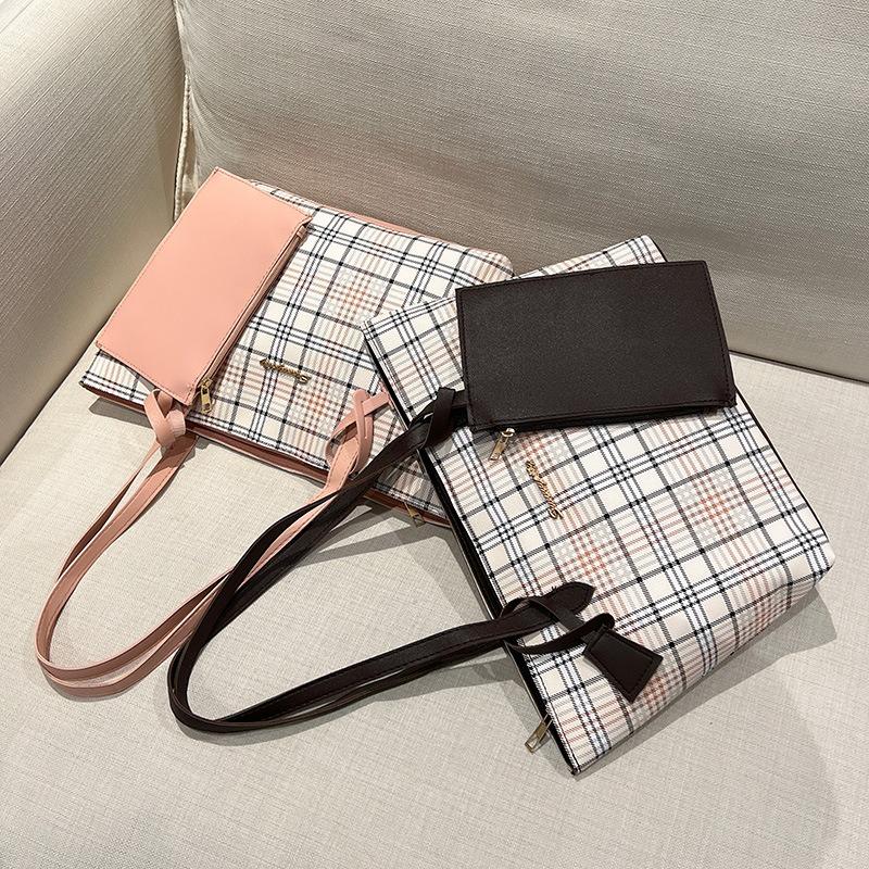 Plaid print tote bag, large-capacity shoulder bag, women's new shopping bag.