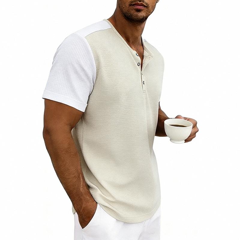 Mens Loose Short Sleeve Waffle Henley T Shirt Summer Casual Top