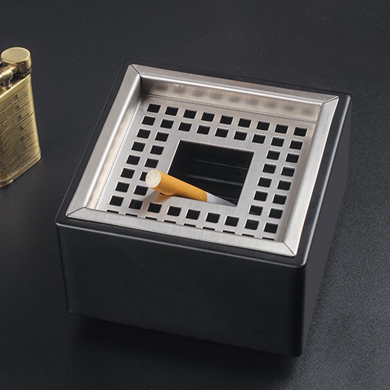 Modern Large Stainless Steel Square Ashtray with Anti-Fly Design for Cigar Rest in Living Room