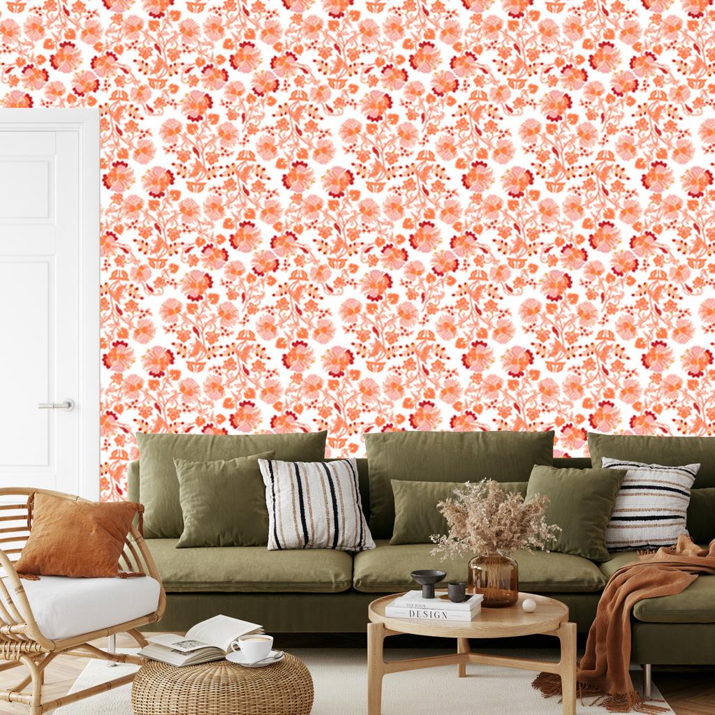 Peach and Coral Flowers Wallpaper for Living Room and Bedroom 50x1000