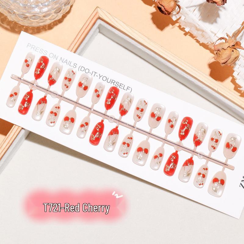 Festive Red Cherry Oval 3D Cat Eye Nail Stickers - 30 Pieces Full Strip S