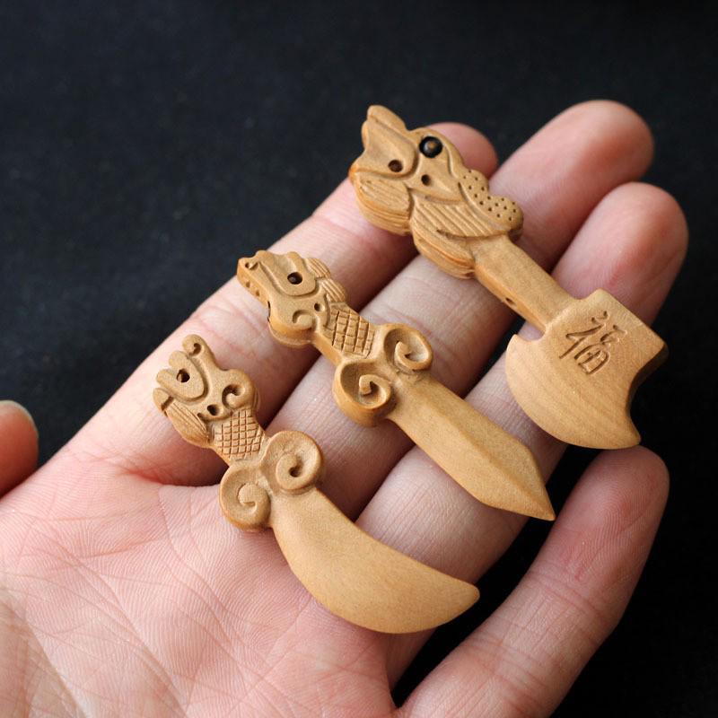 

Dragon Head Peach Wood Axe Sword Knife - Hand-Carved Jewelry Accessories, Wooden DIY Craft Parts Dragon Head Sword