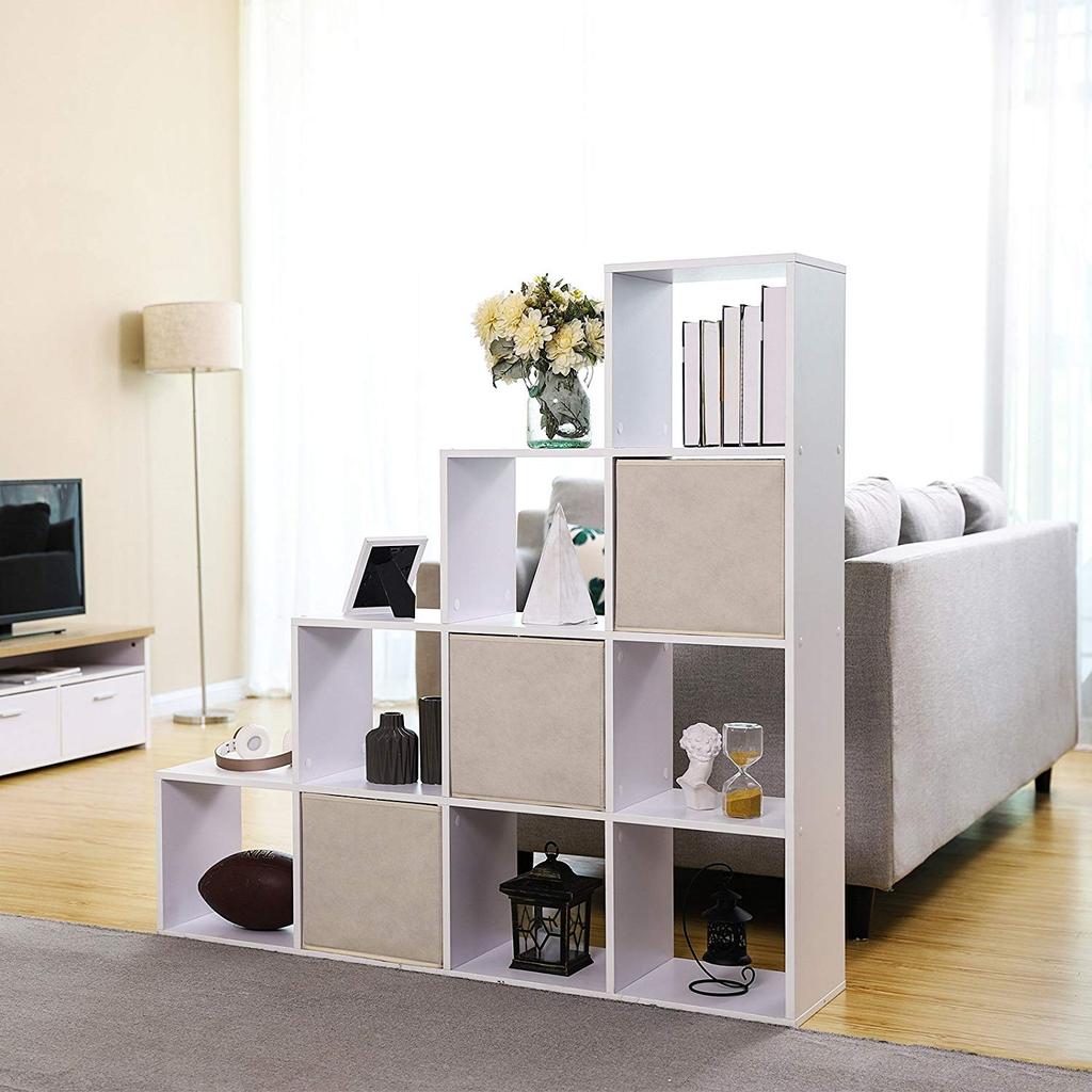 VASAGLE Bookcase, Stair Organiser, 10 Open Cubes, Wooden Display Shelf, Free Standing Shelf, 129.5 x 29 x 129.5 cm, Room Divider, White