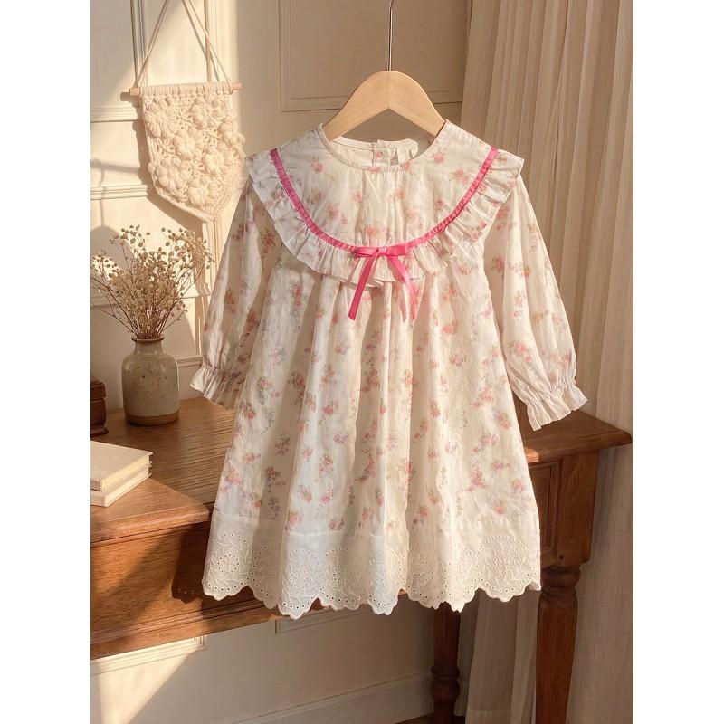 Girls Floral Print Ruffle Dress French Style Long Sleeve Cotton Princess 3-8 Years Old Kids