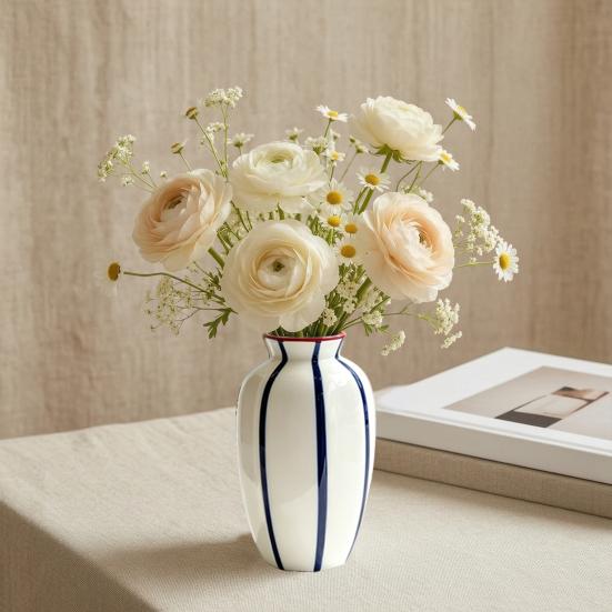 Striped Ceramic Flower Vase, Modern Decorative Vase for Fresh or Dried Flowers, Flower Holder Container for Living Room Table Centerpiece