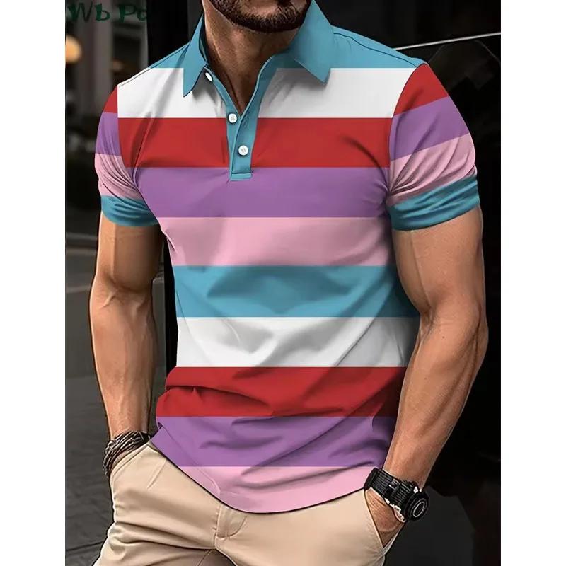 Striped Printed Men's Shirt, Men's Polo Street Men's Clothing, Loose Men's Polo Shirt