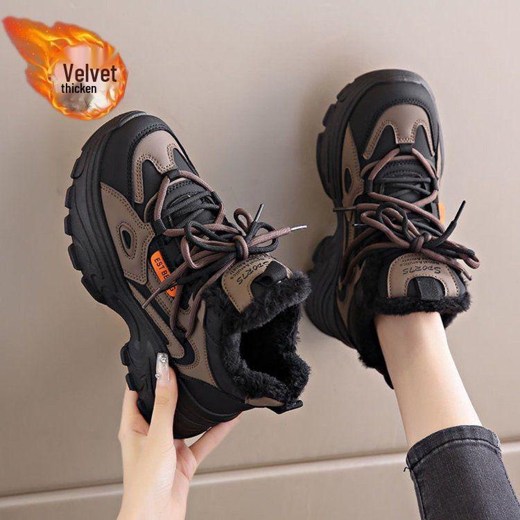 Women's Fleece-Lined Waterproof Leather Running Shoes - Lightweight, Non-Slip, Soft Thick Sole, Height-Boosting Winter Style