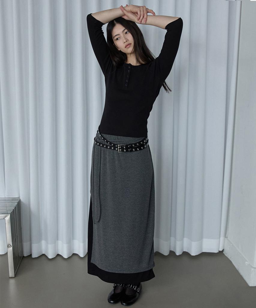 Lense Striped Layered Long Skirt Black