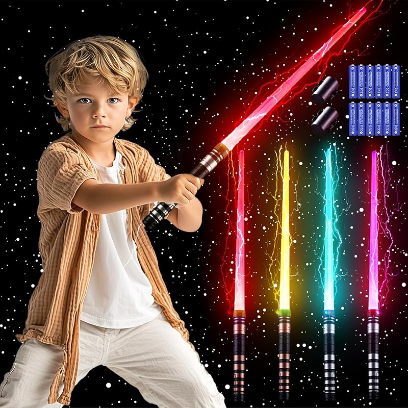 SANCO Light Up Sabers for Kids - 4 Pack 7 Colors Retractable Power Sword with FX Sound(Motion Sensitive), Glowing Toys for Halloween Cosplay Parties, Shape 1
