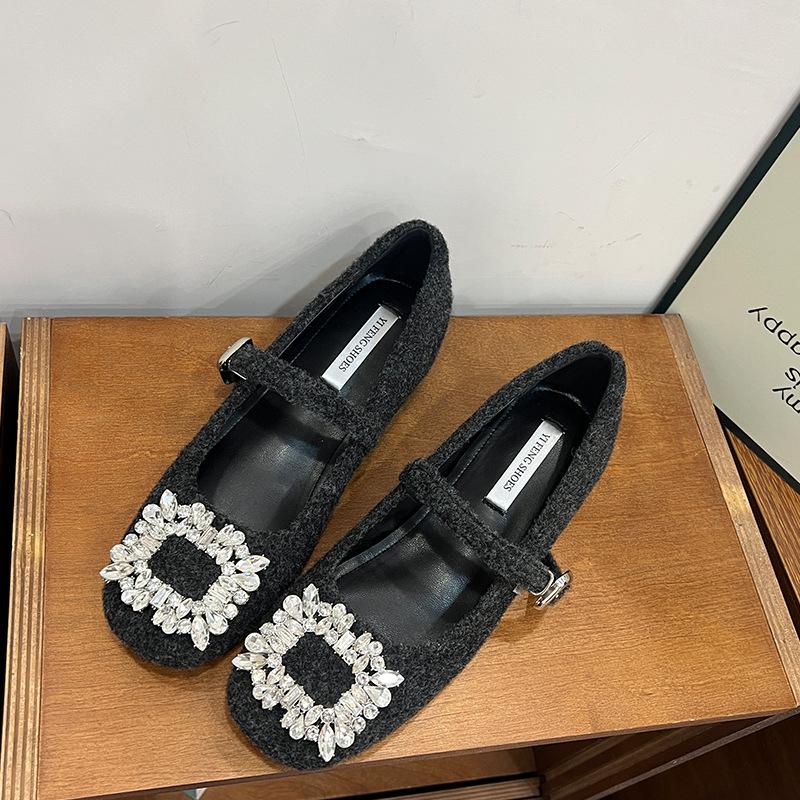 Inner heightening woolen rhinestone square buckle soft-soled Mary Jane shoes 2025 new Mao Mao Doudou shoes flat single shoes women's shoes