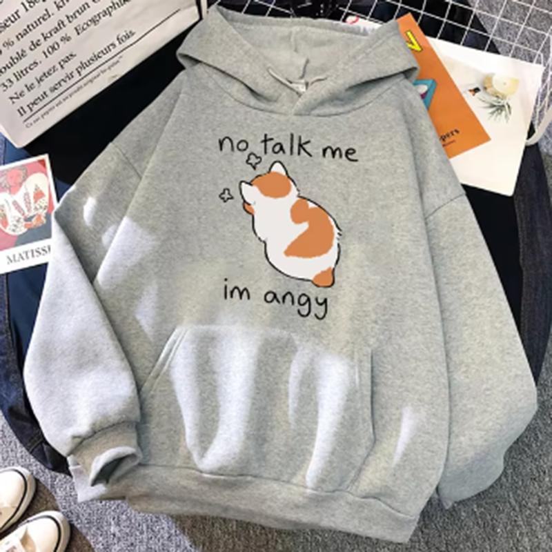 Sudadera con estampado de gato enojado No Talk Me para mujer, sudadera suave de Hip Hop, sudadera informal de lana, ropa de calle de lana de gran tamaño para mujer