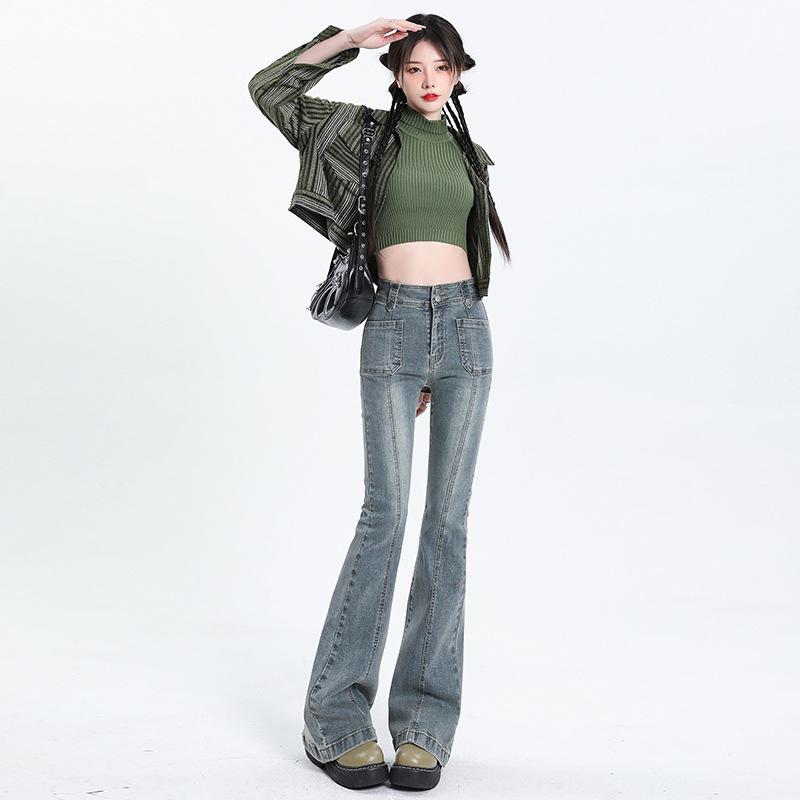 Four Season Wearable Spicy Girl Slim Fit Elastic Splicing Flared Jeans Women'S New High Waisted Niche Design Horseshoe Pants