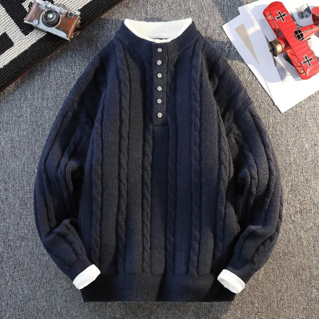 Men's Trendy Two-Piece Look Cable Knit Pullover Sweater - Long Sleeve, Solid Color for Autumn