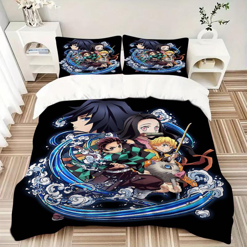 3pcs Demon Slayer Anime Printed Bedding Set, Soft and Comfortable Quilt Cover for Bedroom, Guest Room L034