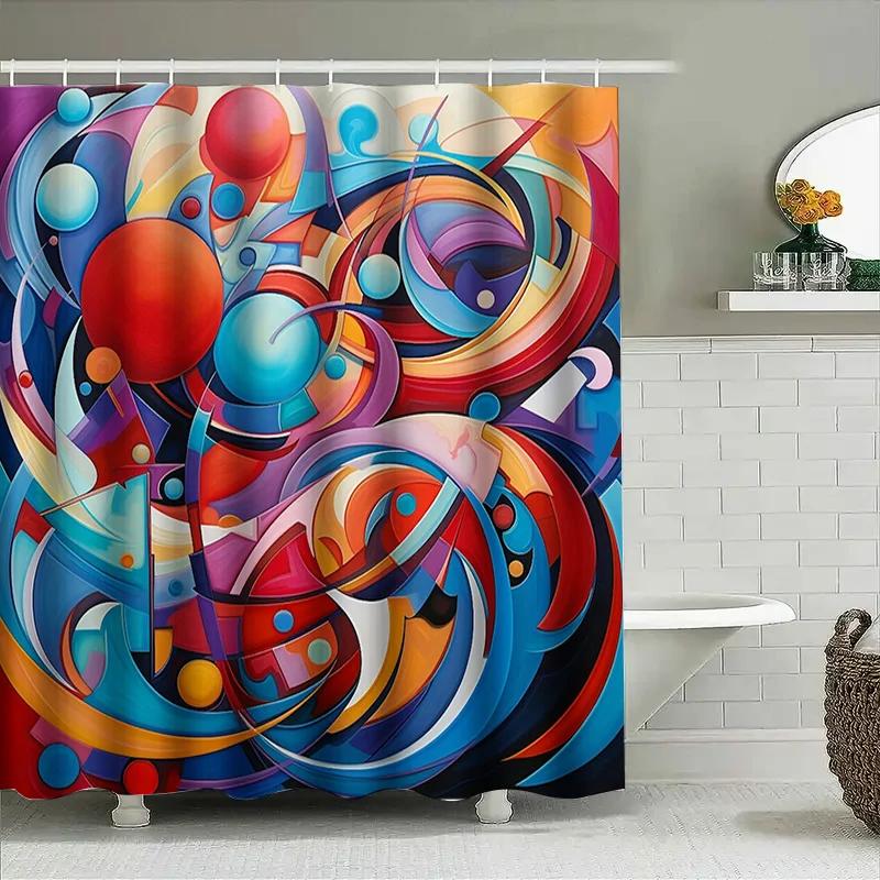 Colorful Geometric Shower Curtain For Bathroom Decor Modern Blue Red Yellow Black White 3D Printed Waterproof Fabric