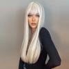 LOUIS FERRE Synthetic Long White Wigs with Bangs Cosplay Straight Wigs with Brown Highlight Natural Fake Hair for Black Women