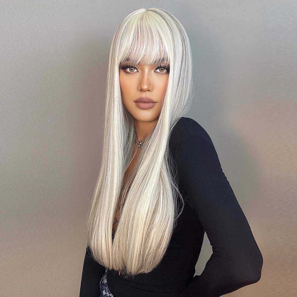 LOUIS FERRE Synthetic Long White Wigs with Bangs Cosplay Straight Wigs with Brown Highlight Natural Fake Hair for Black Women