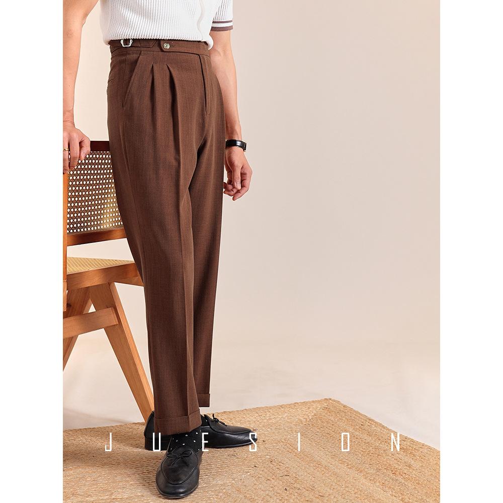 Lässige High-Waist-Hose Herren Frühling und Herbst Neapel Business Faltenhose Gentleman Unifarben Paris-Knopf Gerade geschnittene Hose