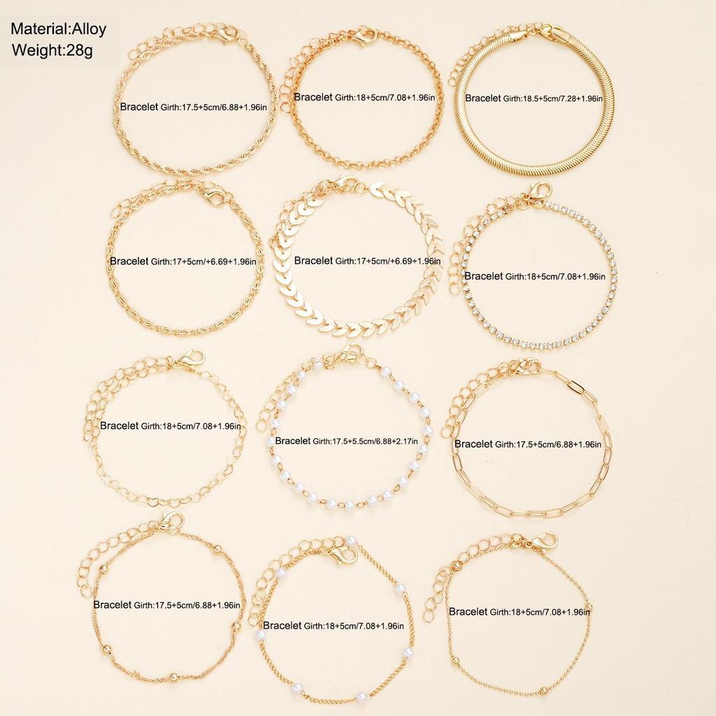 12pcs Minimalist Heart Pearl Rhinestone Snake Chain Bracelet Set for Women Elegant Gold Color Dates Vacations Daily Wear Jewelry