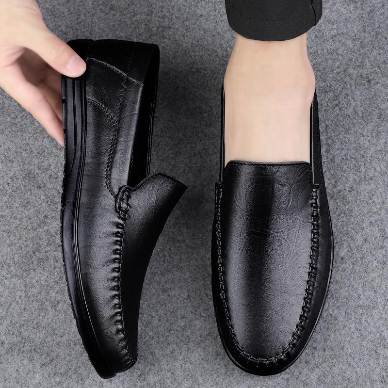 New 2024 Men Dress Shoes Genuine Leather Breathable Middle Aged Business Round Toe Wedding Footwear Male Flat