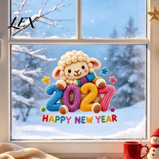 Knitted Texture Glass Stickers Chinese New Year Window Stickers, 2027 Goat Static Clings, Reusable Zodiac Ornaments Crochet Knit Lamb Decor