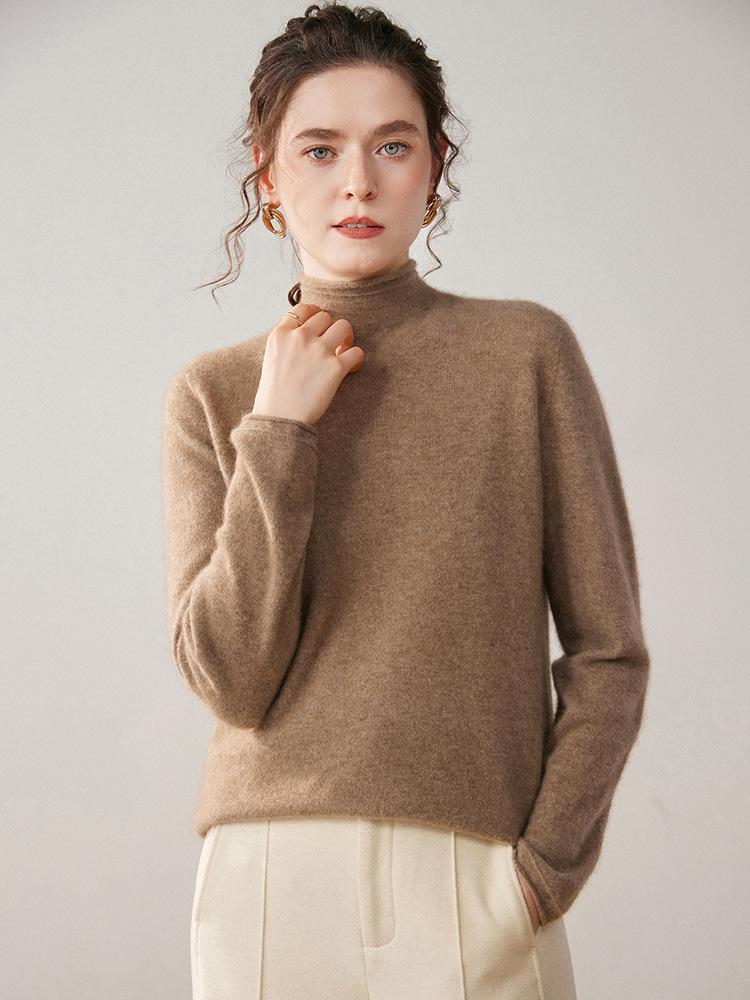 Women's Cashmere Sweater: Solid Color, Rolled Hem, Half-High Collar, Long Sleeve, Loose Fit, Versatile Knitwear for Autumn and Winter.