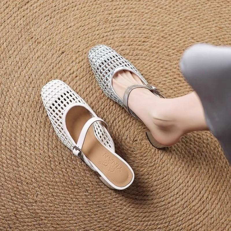 Sandals Leather Woven Hollow Word with Bag Head Cool Slippers Women Wear Fashionable Versatile Cool Slippers