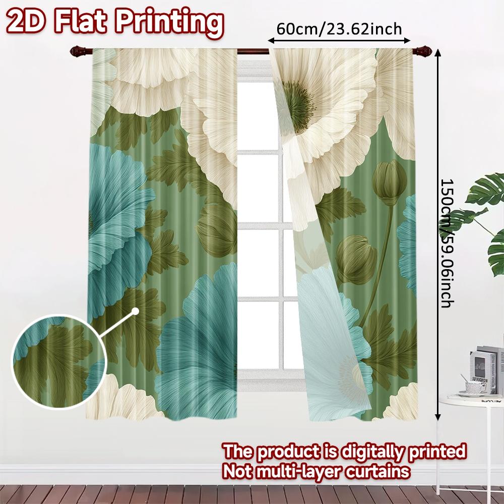 Set Of 2 Flat Printing Curtains Without Rod Floral Spring Design New Year Holiday Versatile Durable Polyester Curtain