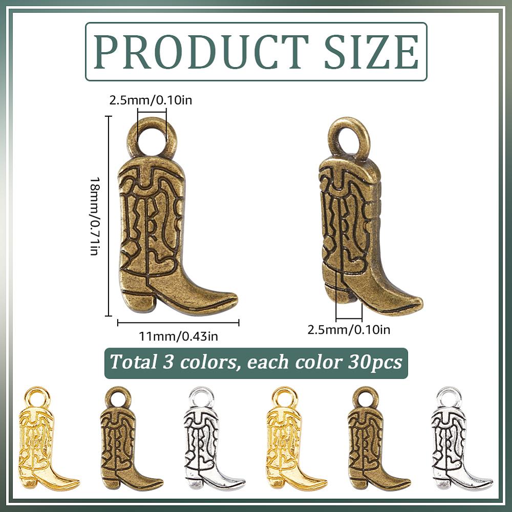 90 sztuk 3 style zawieszek ze stopu w stylu tybetańskim, charmsy kowbojskie zachodnie, mieszane kolory, 18x10,5~11x2,5~3mm, z dziurką: 2,5 mm, 30 szt./styl
