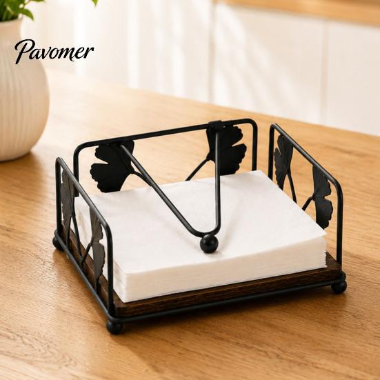 Rustic Napkin Holder Holder, with Anti-Slip Wooden Base And Weighted Arm, Smooth Stable Dispenser Access Square Iron Stand, for Restaurants