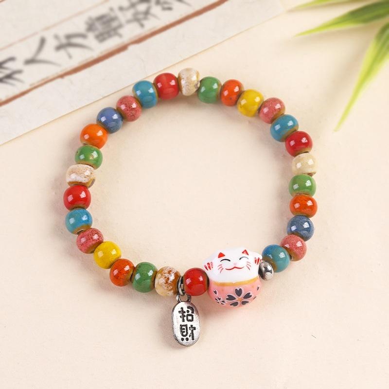 Sød Heldige Kat Armbånd Til Piger Justerbart Farverigt Perlebesat Harajuku Keramisk Kat Vedhæng Charms Smykker