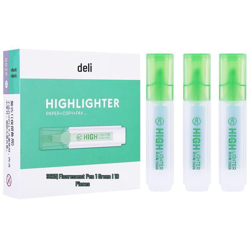Deli S625 Fluorescent Green Highlighter Pens (10-Pack)