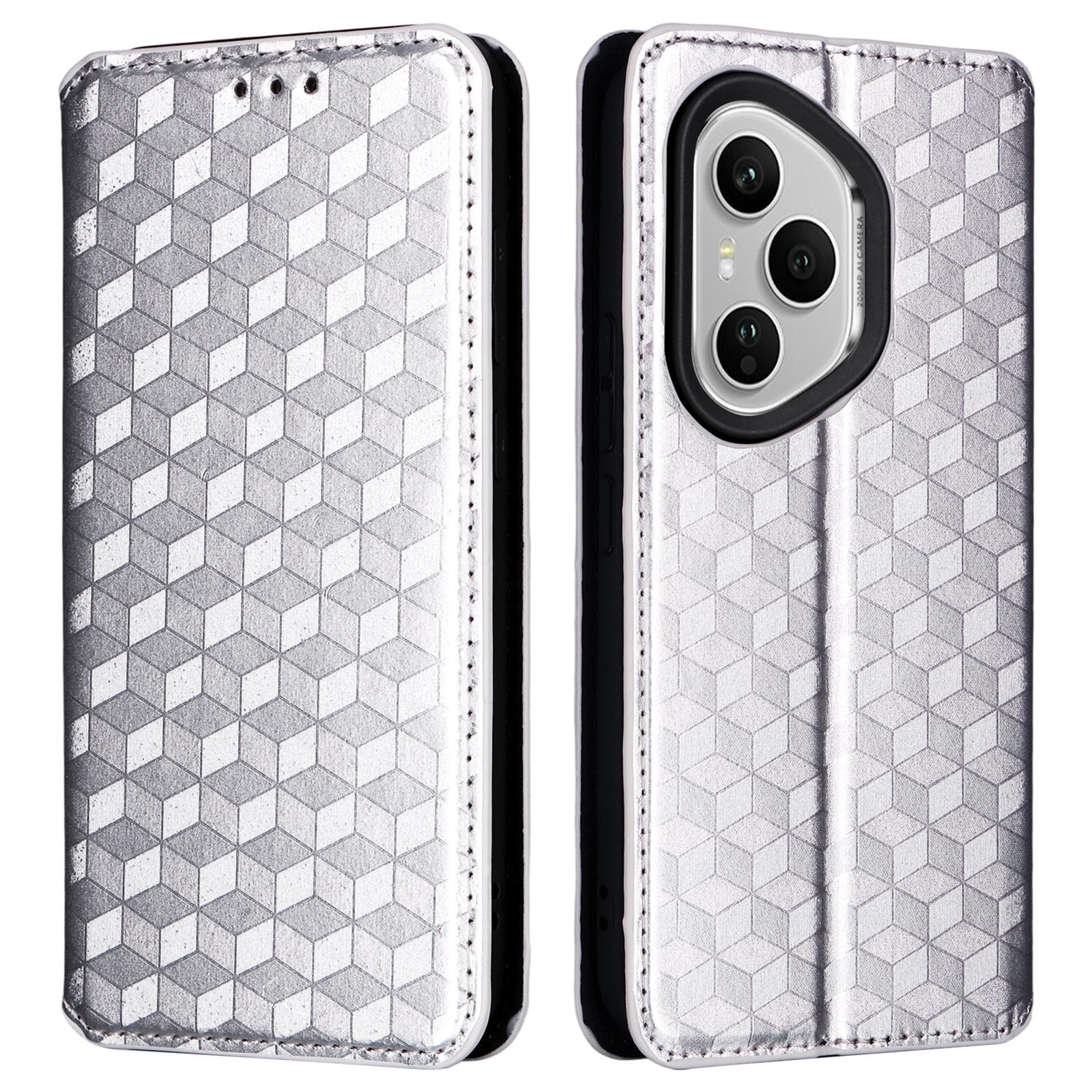 

Для Honor 400 Pro 5G (Глобальный) Чехол-кошелек из кожи с ромбовидным тиснением, чехол для телефона Silver