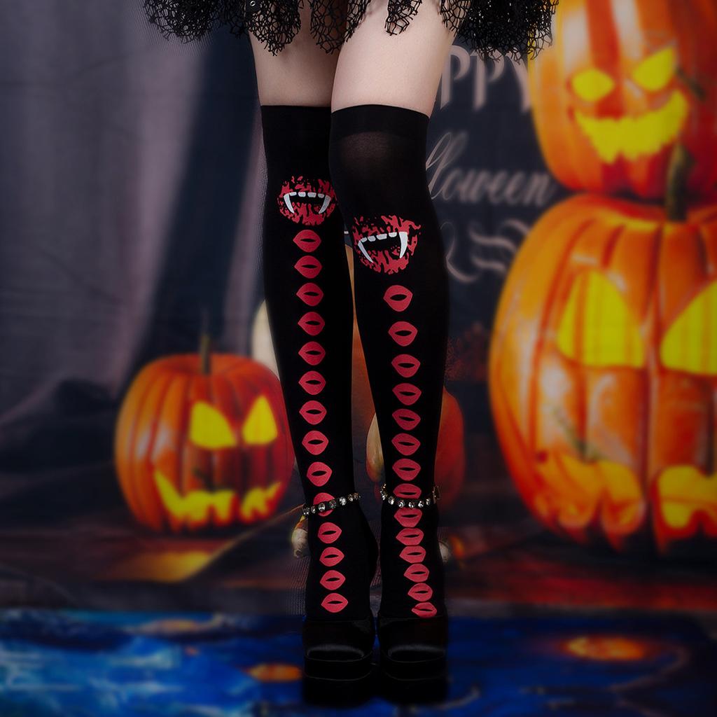 Stockings Over Knee Female Summer Black Stockings Lips Socks Medium Tube Ghost Party Halloween Dark Stockings