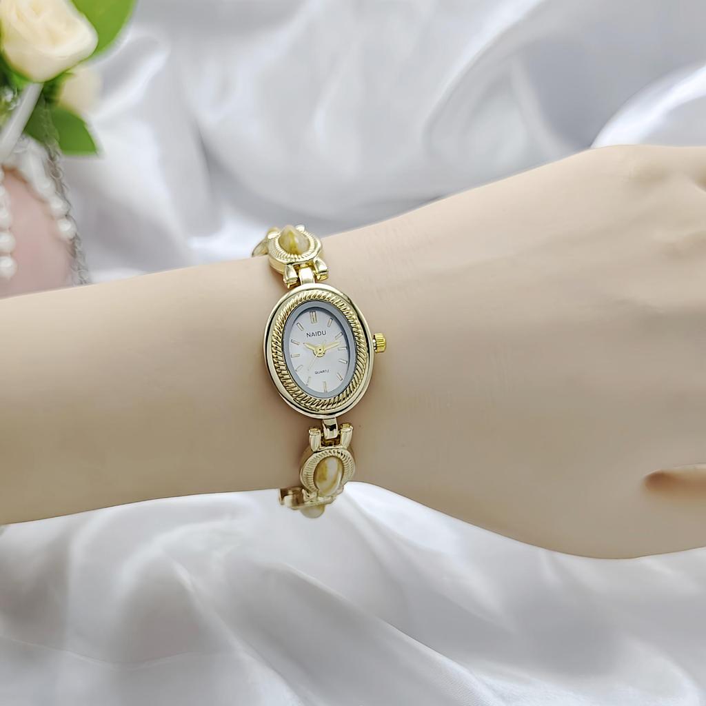 Korean Style Women's Oval Bracelet Watch - Colorful Stone, Versatile, Niche Fashion, Gold, High-End Feel