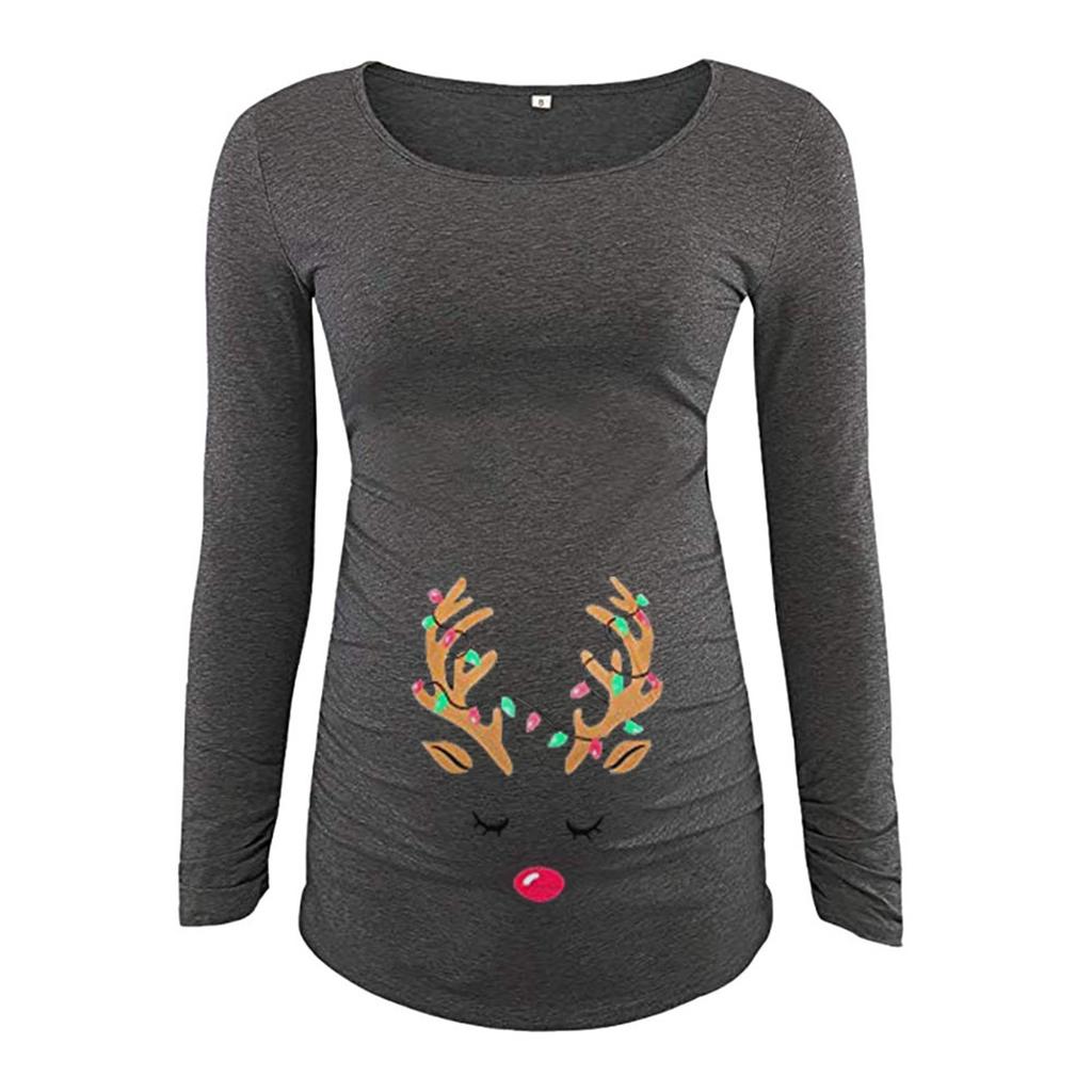 Women's Print Christmas Side Ruched Long Sleeve Maternity Top Pregnancy Clothes