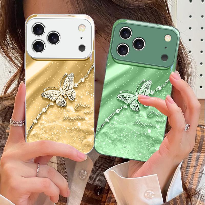 Elegantní modrý motýl Pro iPhone 17 Air 16 E 15 14 13 Plus 12 mini 11 17 Pro Max XR Xs Max 16E 7 8 Tvrzené sklo Kryt na telefon